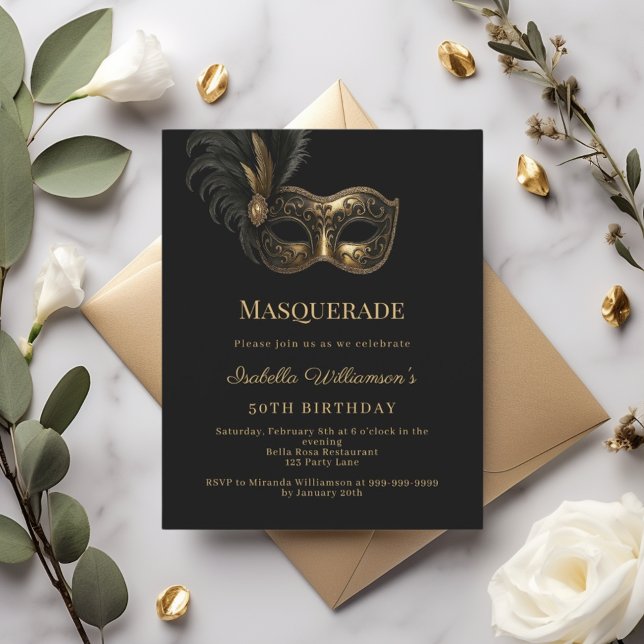 Black gold Masquerade birthday party invitation (Creator Uploaded)