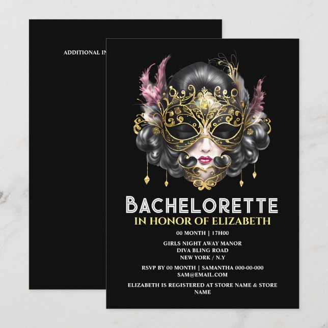 Black gold masquerade face mask elegant ladies invitation (Front/Back)