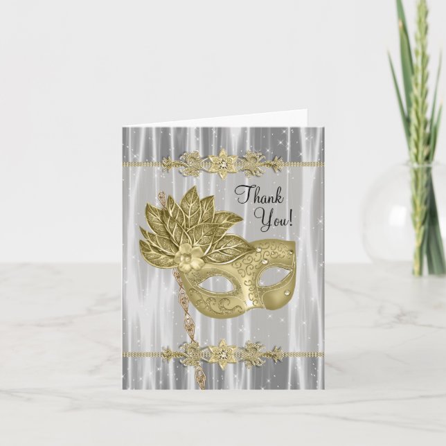 Black Gold Masquerade Party Thank You Cards (Front)