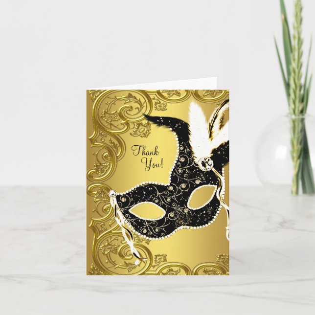 Black Gold Masquerade Party Thank You Cards (Front)