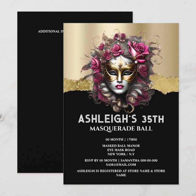 Black gold masquerade pink rose mask elegant girls invitation (Front/Back)