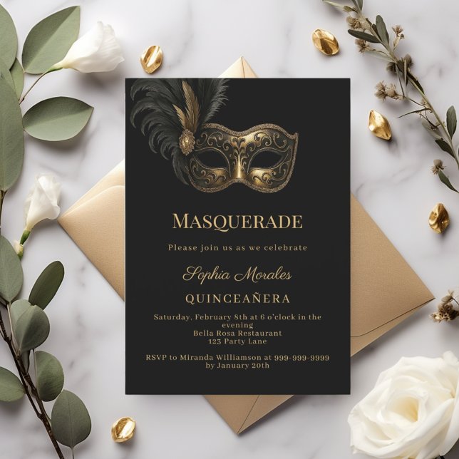 Black gold Masquerade Quinceanera Invitation (Creator Uploaded)
