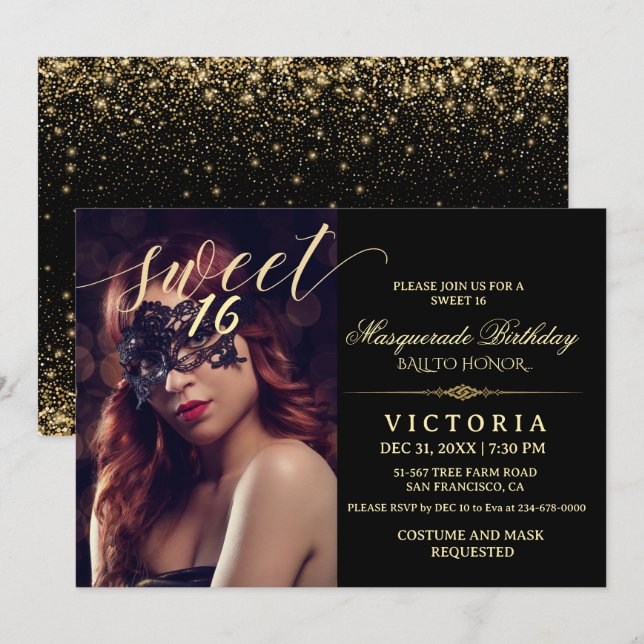 Black & gold Masquerade Sweet 16 Birthday Photo Invitation (Front/Back)