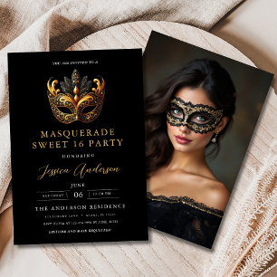 Black Gold Masquerade Sweet 16 Photo Birthday Invitation