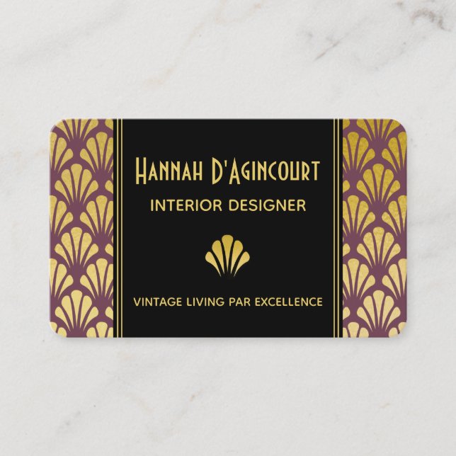 Black, Gold, Mauve Art Deco Fans Pattern Chic Business Card (Front)