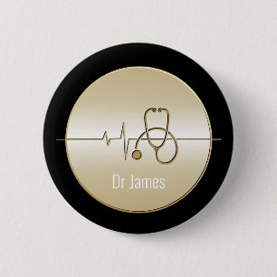 Black Gold Medical Stethoscope Heartbeat 6 Cm Round Badge