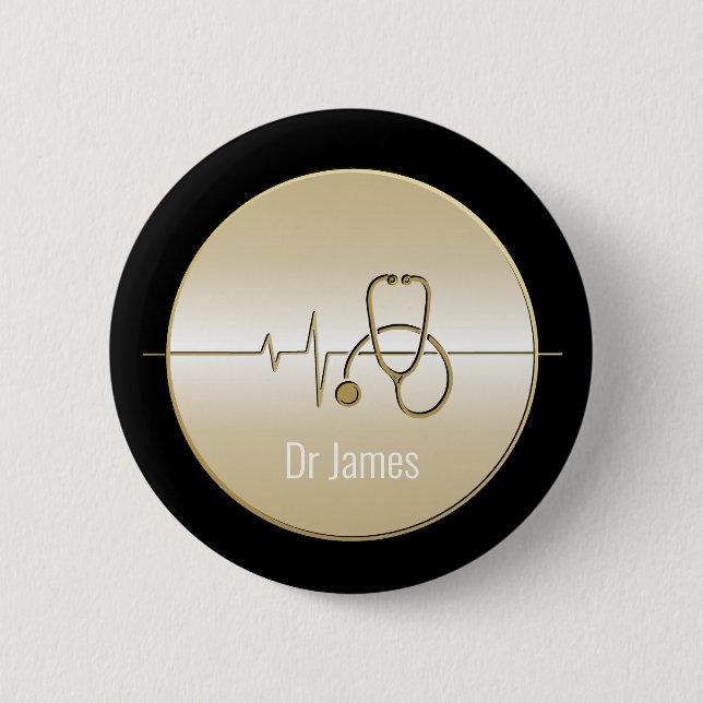 Black Gold Medical Stethoscope Heartbeat 6 Cm Round Badge (Front)
