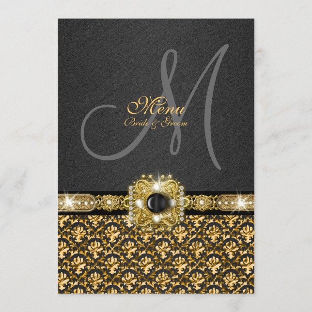 Black gold menu damask wedding template (Front)