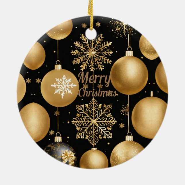 Black & Gold Merry Christmas Ball Ceramic Ornament (Back)