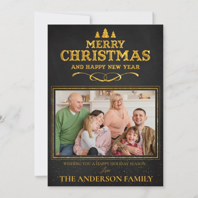 Black Gold Merry Christmas Happy New Year Photo Holiday Card (Front)