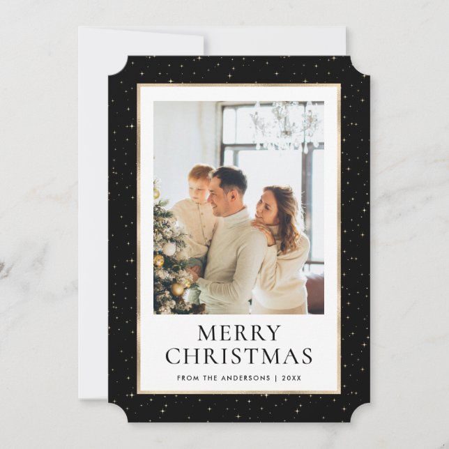 Black Gold Merry Christmas Photo Holiday Card (Front)