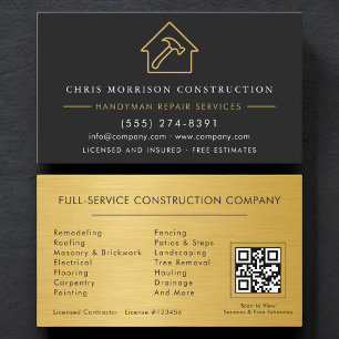 Black Gold Metal Handyman QR Code Construction  Business Card