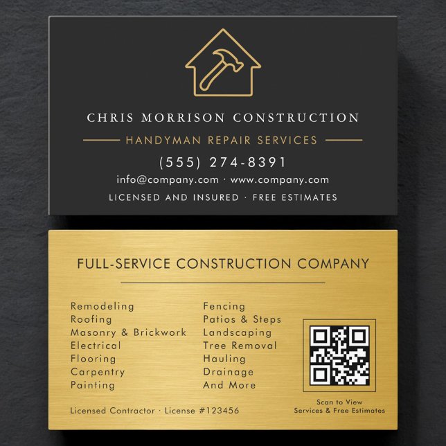 Black Gold Metal Handyman QR Code Construction  Business Card (Creator Uploaded)