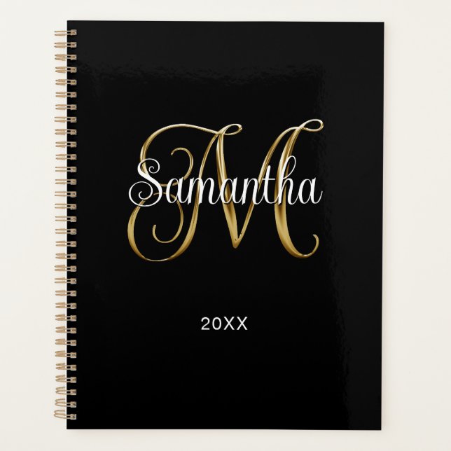 Black Gold Metallic Curly Signature M Monogram Planner (Front)