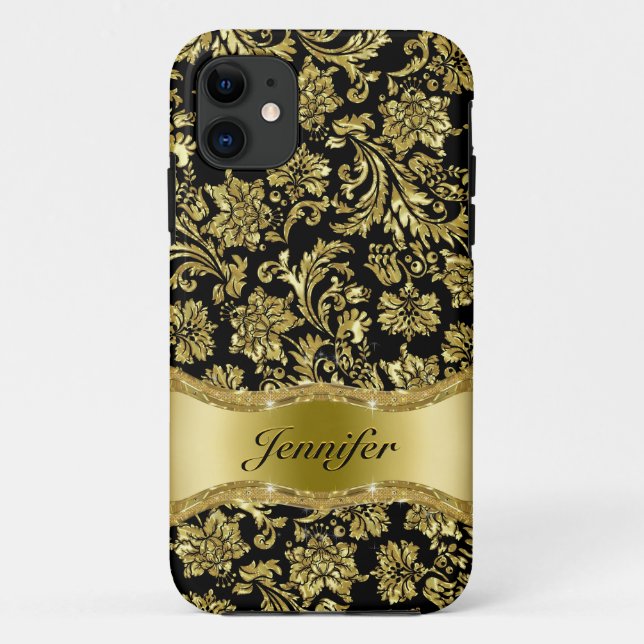 Black & Gold Metallic Floral Damasks-Customised Case-Mate iPhone Case (Back)