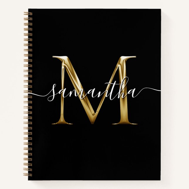 Black Gold Metallic Girly Signature M Monogram Notebook (Front)