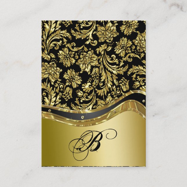 Black & Gold Metallic Look Floral Damasks Business Card (Front)
