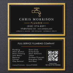 Black Gold Metallic Plumber Contractor QR Code Business Card