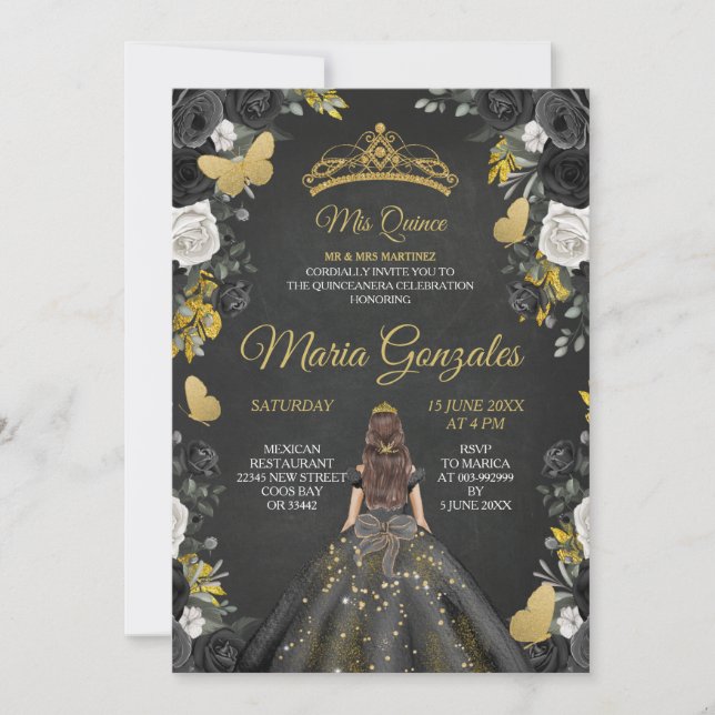 Black & Gold Mexican Charra Mis XV Anos Invite (Front)