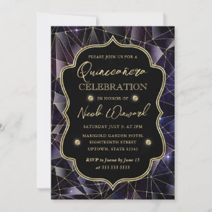 Black & Gold Midnight Crystal Galaxy Quinceanera Invitation