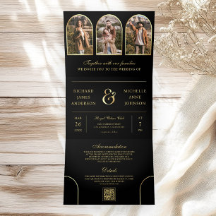 Black Gold Minimal Arch Photo QR code Wedding Tri-Fold Invitation
