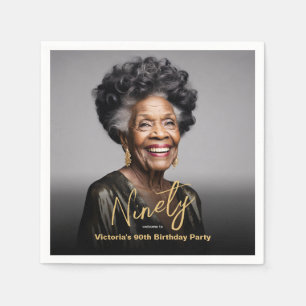 Black Gold Minimal Modern Photo 90th Birthday  Napkin