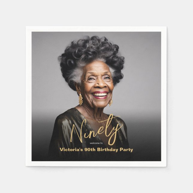 Black Gold Minimal Modern Photo 90th Birthday  Napkin (Front)