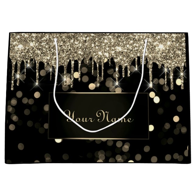 Black Gold Minimal Name Lux VIP Branding Drips Large Gift Bag (Front)
