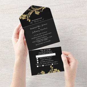 Black Gold Minimalist Floral Script Wedding  All In One Invitation