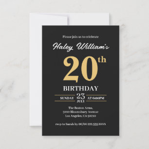Black Gold Minimalist Modern Simple 20th Birthday Invitation
