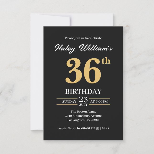 Black Gold Minimalist Modern Simple 36th Birthday Invitation (Front)