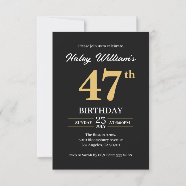Black Gold Minimalist Modern Simple 47th Birthday Invitation (Front)