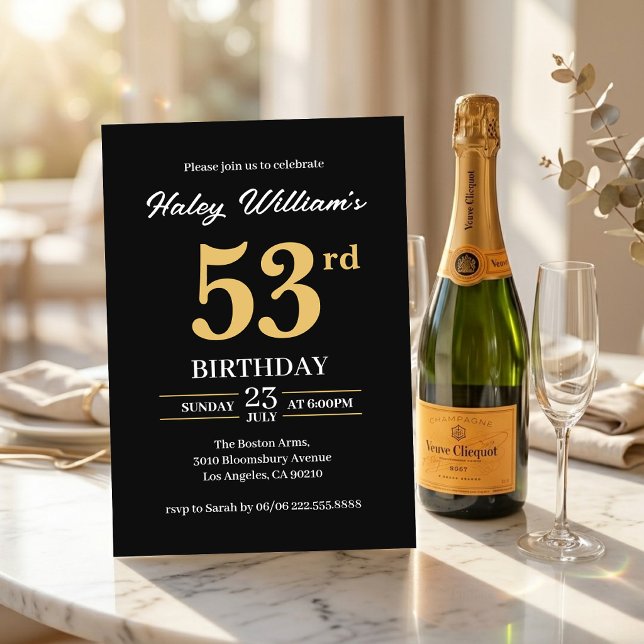 Black Gold Minimalist Modern Simple 53rd Birthday Invitation (Creator Uploaded)