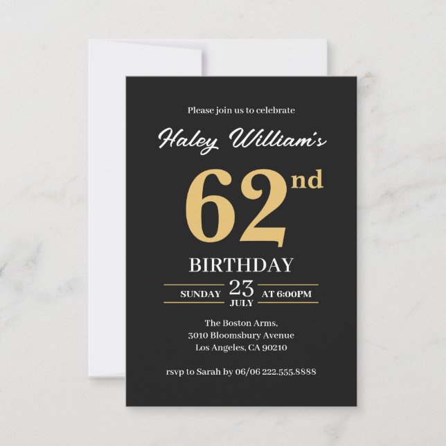 Black Gold Minimalist Modern Simple 62nd Birthday Invitation (Front)
