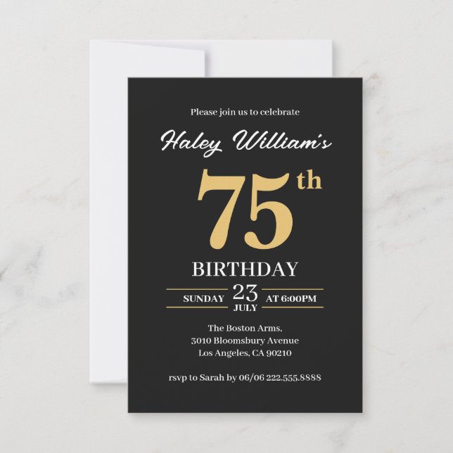 Black Gold Minimalist Modern Simple 75th Birthday Invitation (Front)