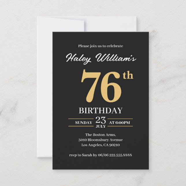 Black Gold Minimalist Modern Simple 76th Birthday Invitation (Front)