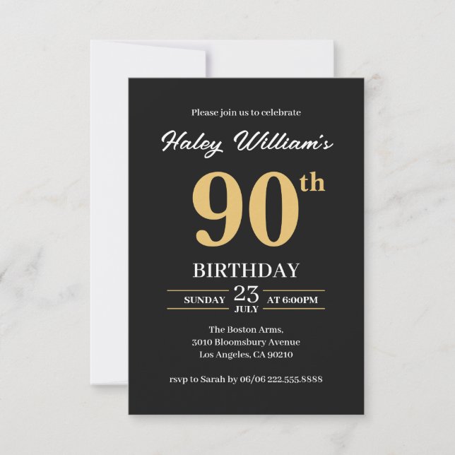 Black Gold Minimalist Modern Simple 90th Birthday Invitation (Front)