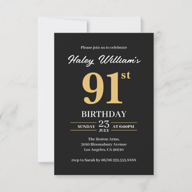 Black Gold Minimalist Modern Simple 91st Birthday Invitation (Front)