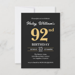 Black Gold Minimalist Modern Simple 92nd Birthday Invitation