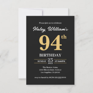 Black Gold Minimalist Modern Simple 94th Birthday Invitation
