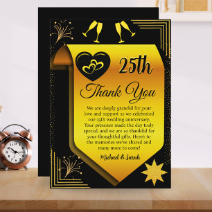 Black Gold Modern 25th Wedding Anniversary Party  Thank You Card
