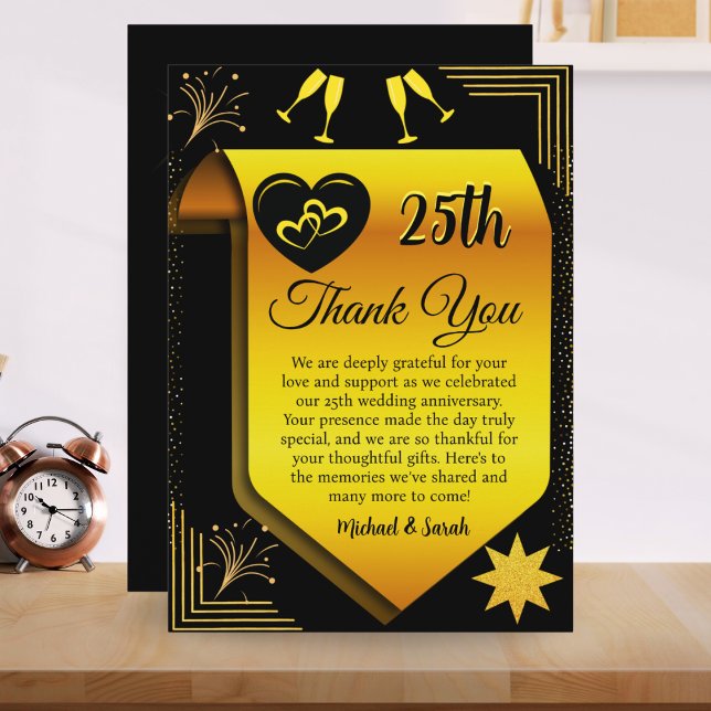 Black Gold Modern 25th Wedding Anniversary Party  Thank You Card (Creator Uploaded)