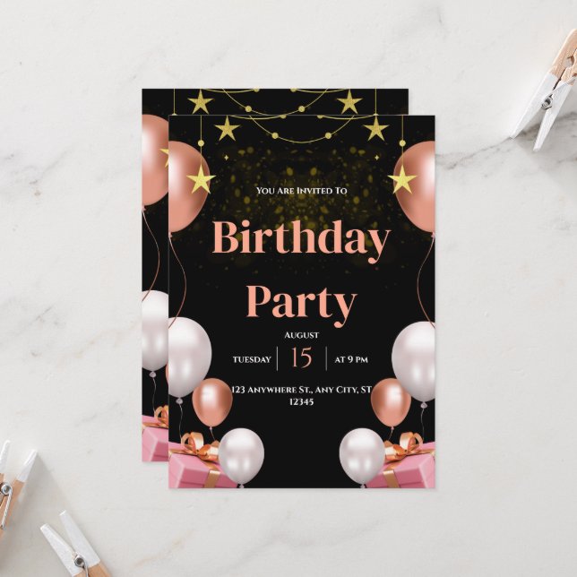Black & Gold Modern Birthday Party Invitation (Front/Back In Situ)