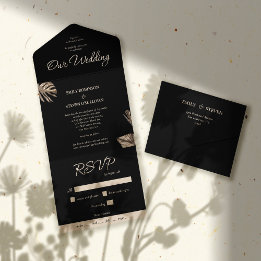 Black & Gold Modern Botanical Wedding All In One Invitation