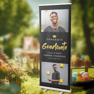 Black & Gold Modern Brush Script Photo Graduation Retractable Banner