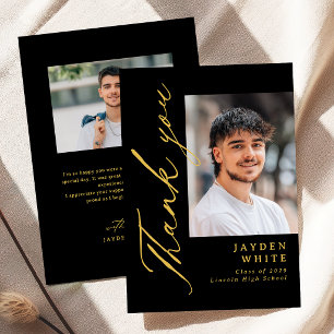 Black & Gold Modern Calligraphy Photo Graduation Thank You Card