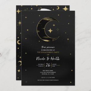 Black & Gold Modern Celestial Moon Star Engagement Invitation