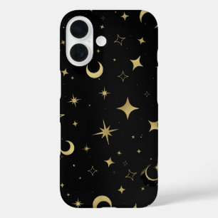 Black & Gold Modern Celestial Moon Stars  iPhone 16 Case