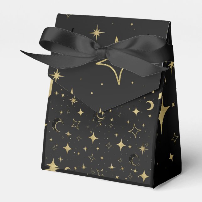 Black & Gold Modern Celestial Moon Stars Wedding Favour Box (Front Side)