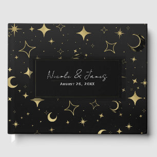 Black & Gold Modern Celestial Moon Stars Wedding Guest Book
